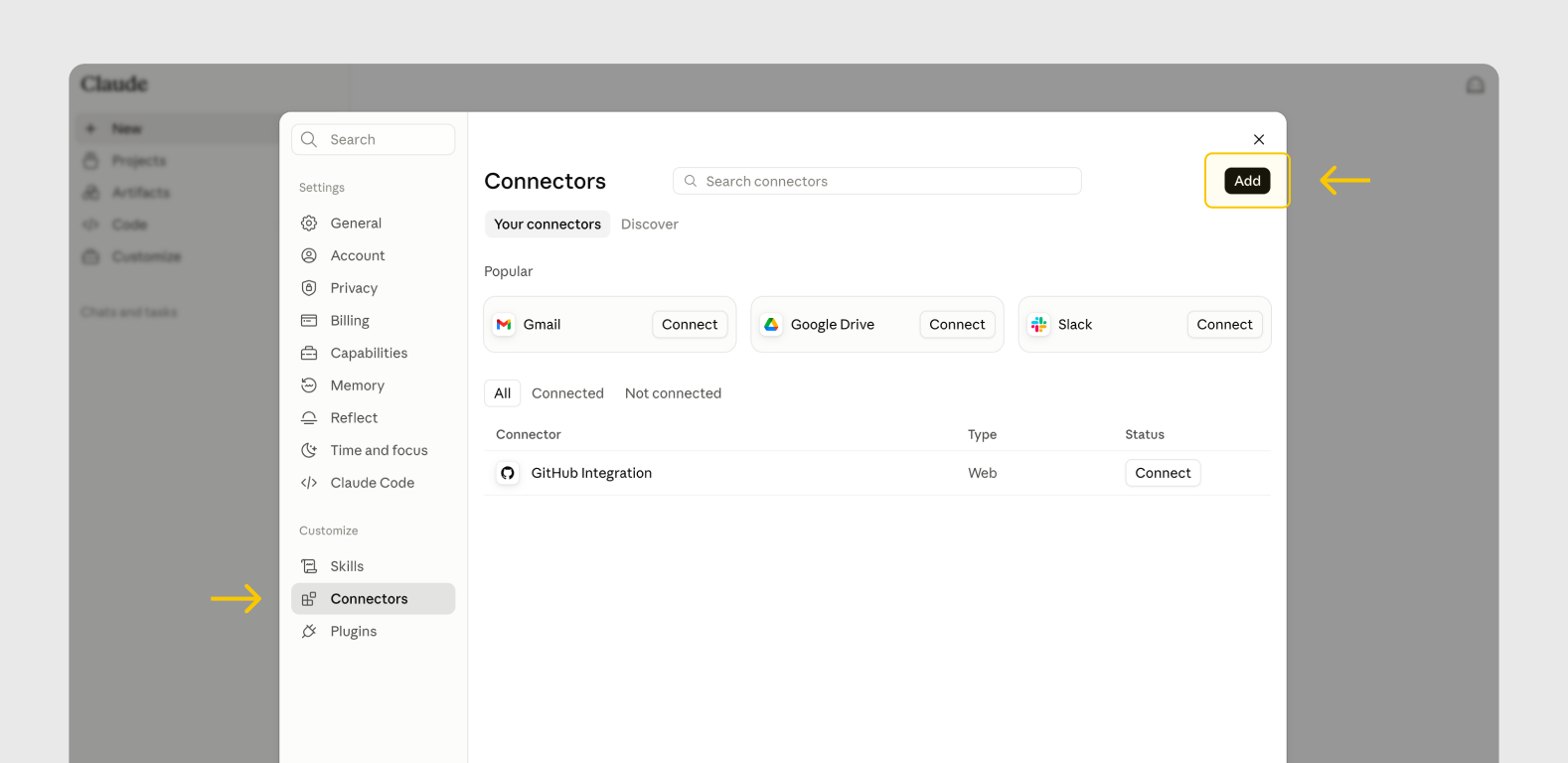Claude.ai 設定的 Connectors 頁面，右上角的 Add 按鈕