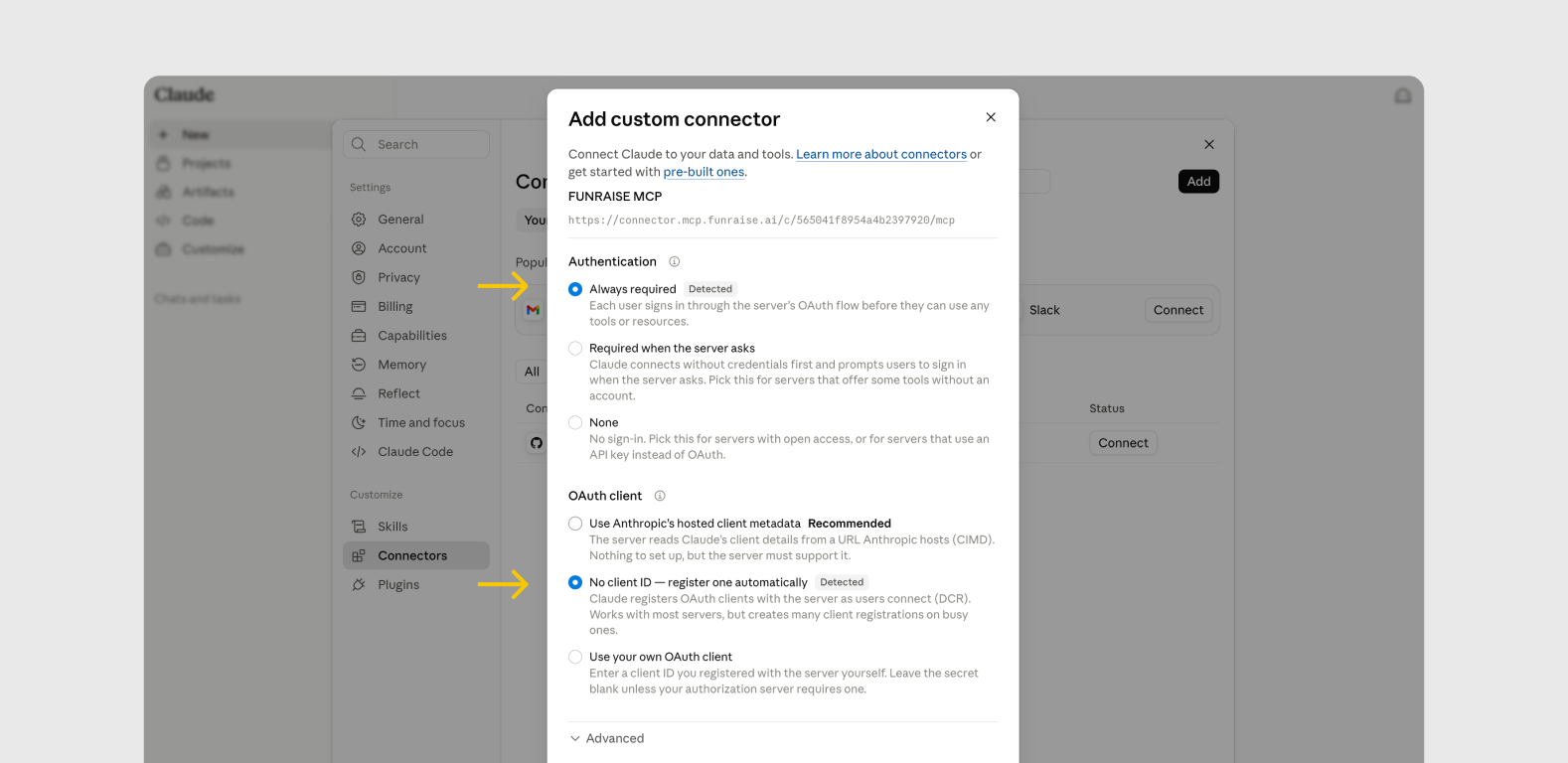 Authentication 選 Always required、OAuth client 選 No client ID，兩者都標著 Detected