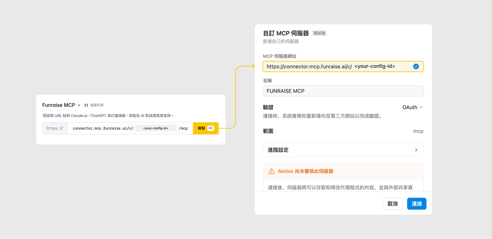 Notion 的自訂 MCP 伺服器面板，網址通過驗證、驗證欄位自動帶出 OAuth